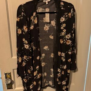 Maurices Black Floral Kimono with Lace Trim